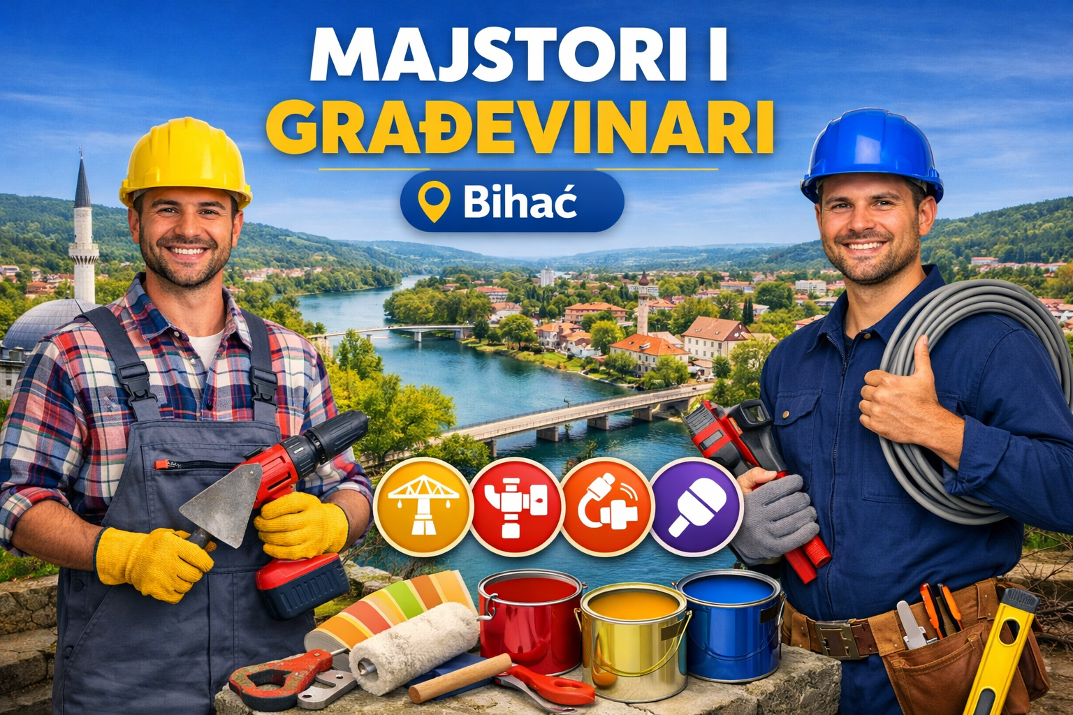 Majstori i građevinari u Bihaću – građevinski radnik i električar s alatima ispred panorame grada i rijeke Une, uz tekst ‘Majstori i Građevinari Bihać’ i ikone za građevinu, elektro, grijanje i moleraj.