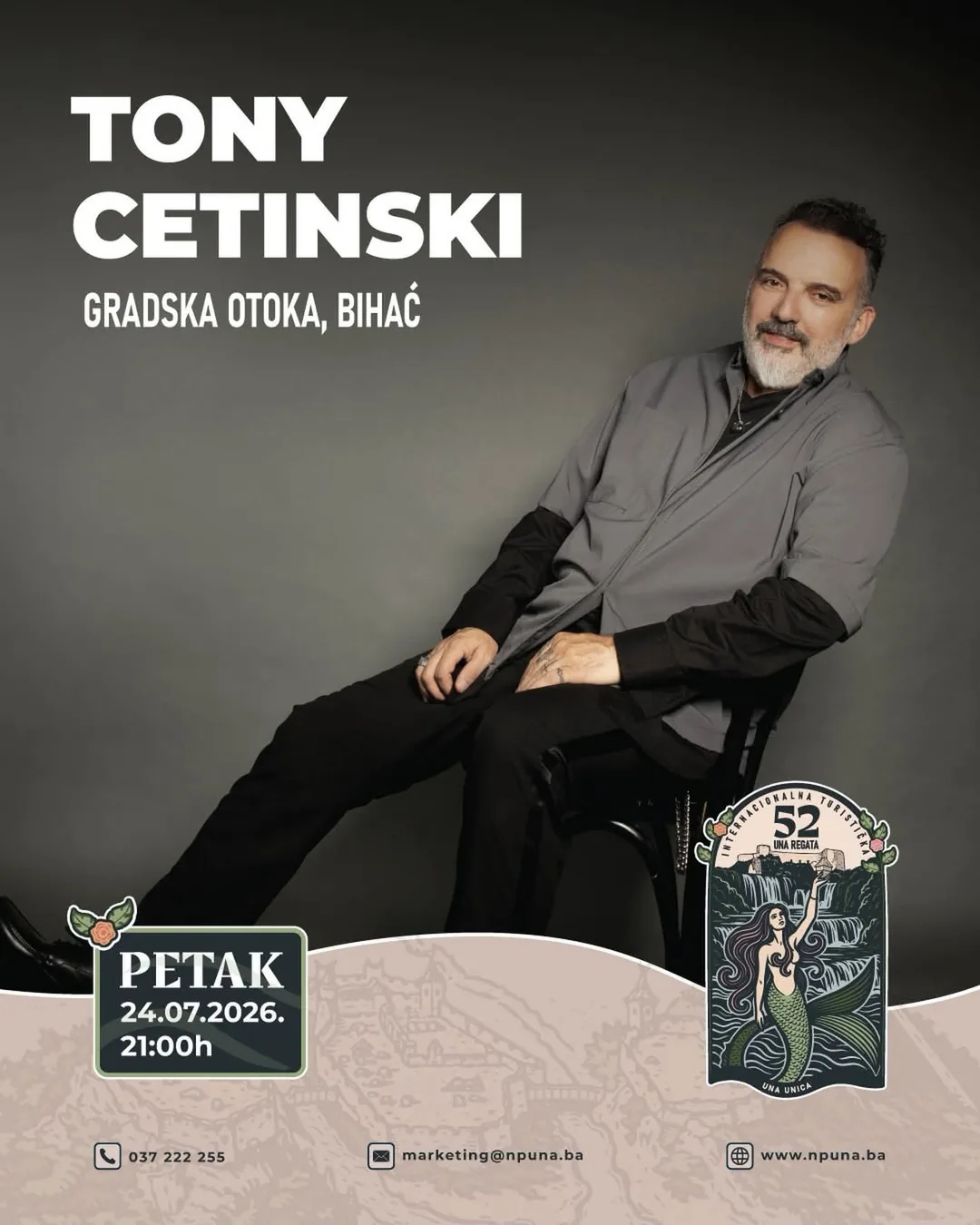 Tony Cetinski — koncert na Gradskoj otoci u Bihaću, petak 24.07.2026. u sklopu 52. Una regate